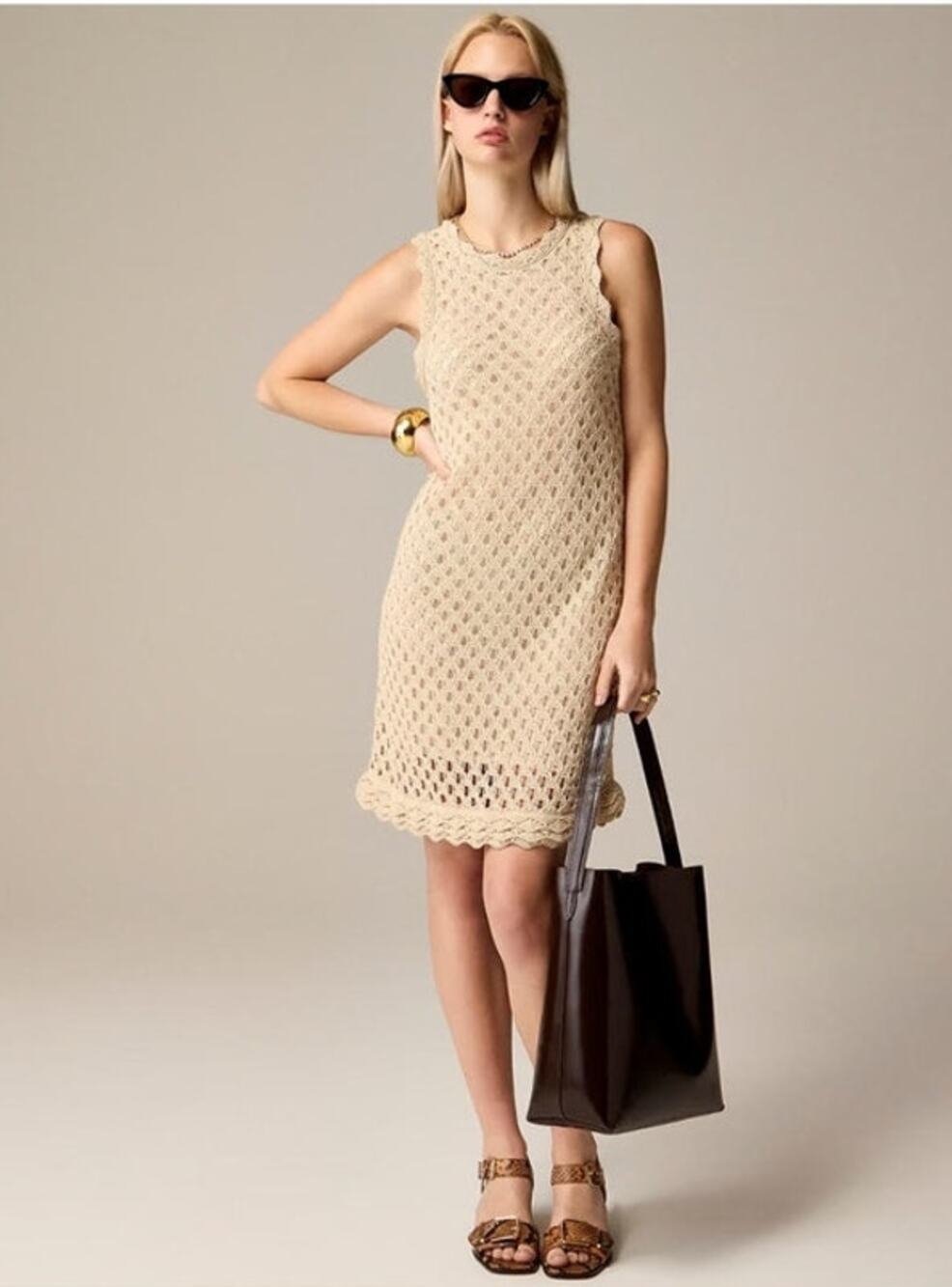 NWT J. Crew Pointelle Sleeveless Sweater Dress Crochet Beachy Vacation Beige M
